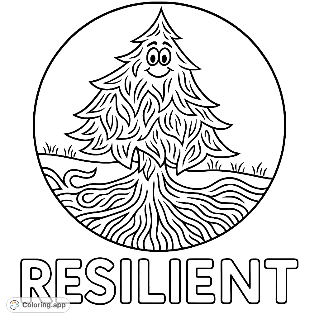 A cheerful pine tree character within a circular emblem, with the word 'RESILIENT' below. An inspiring and fun coloring page for all ages.