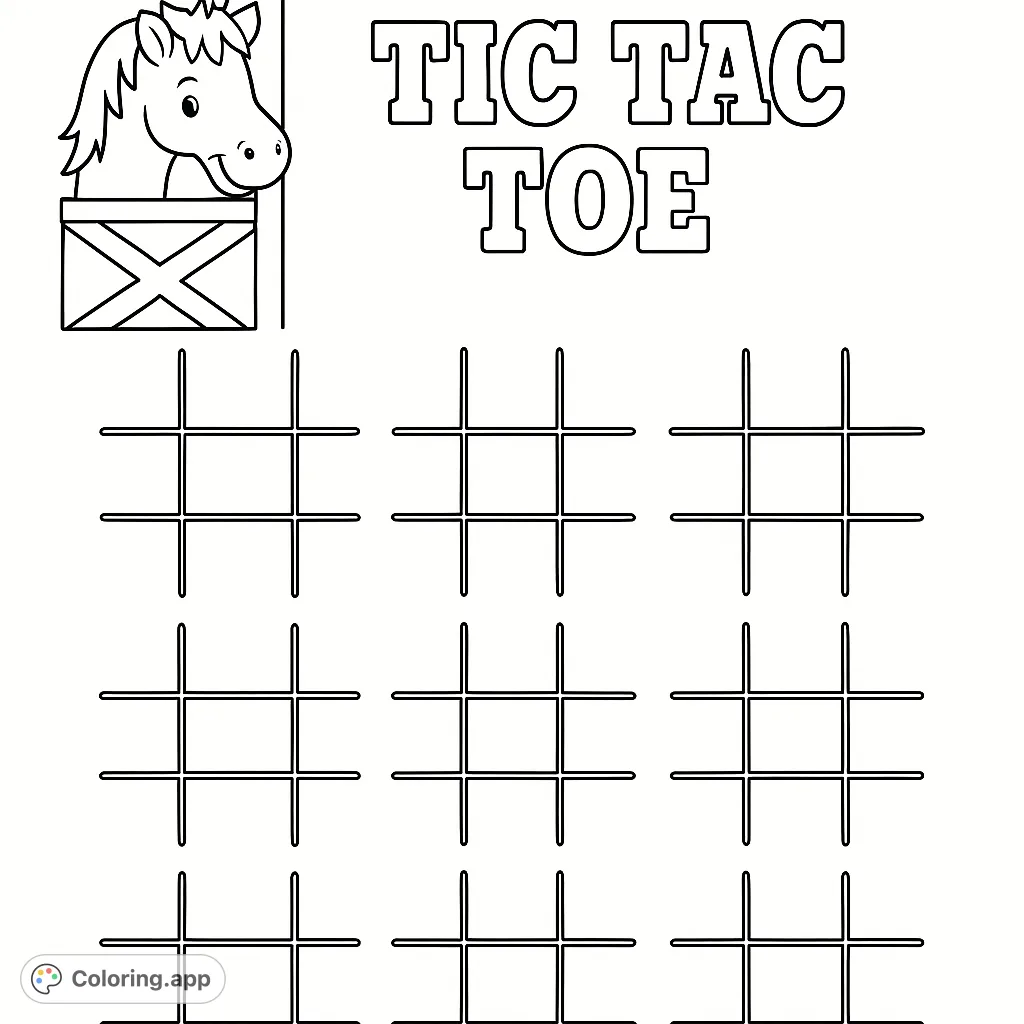 A playful horse oversees multiple tic-tac-toe grids, perfect for coloring and game time. Engage in creative fun with this unique activity page!