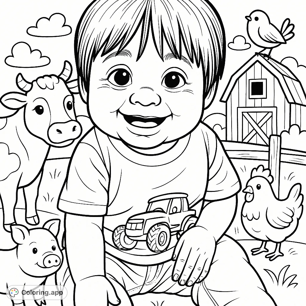 A charming farm animal coloring page for kids, featuring a happy child amidst friendly farm animals in a storybook style. Free printable coloring page for endless fun!