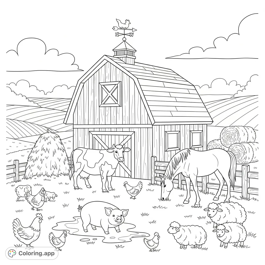 A charming farm scene featuring a rustic barn surrounded by various friendly farm animals like cows, pigs, and chickens, perfect for a delightful coloring experience.