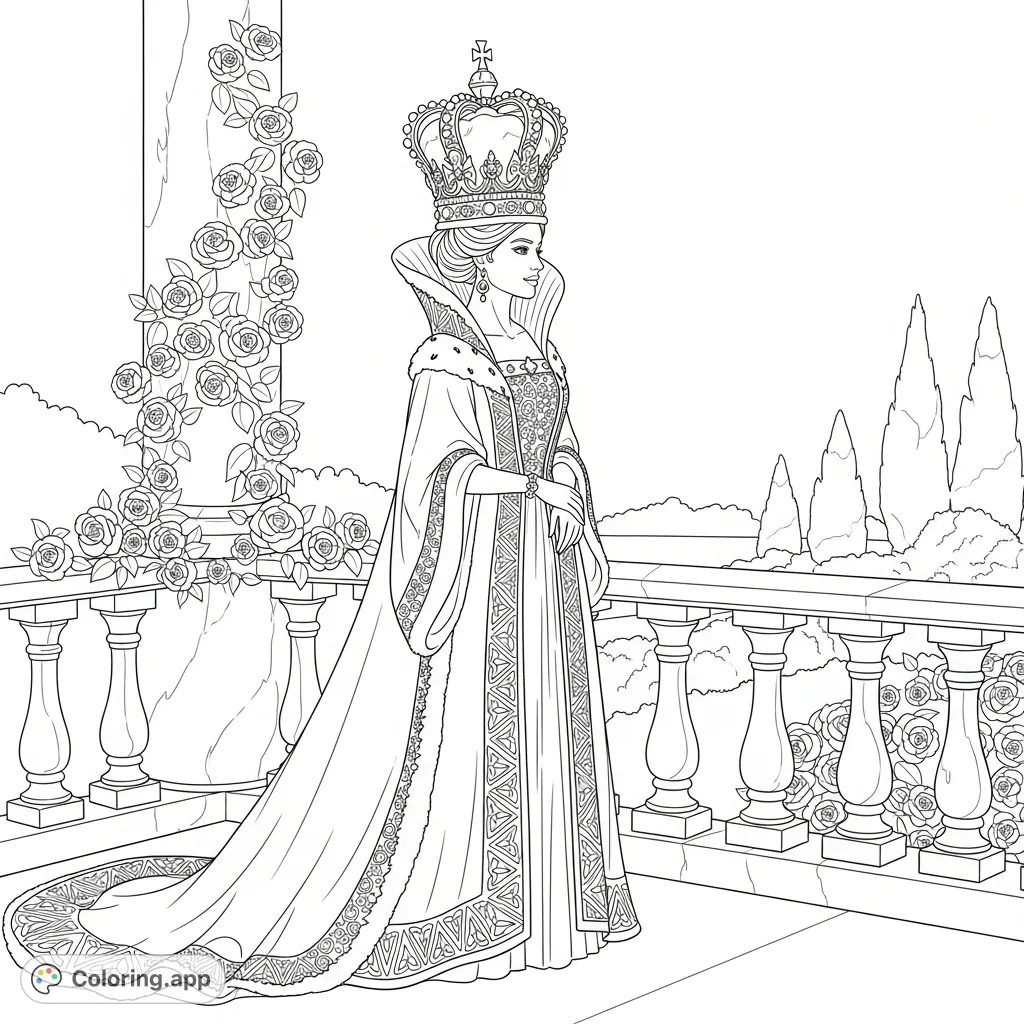 Color a majestic queen in elaborate robes and an intricate crown, standing on a royal balcony overlooking a manicured garden with climbing roses. A regal scene.
