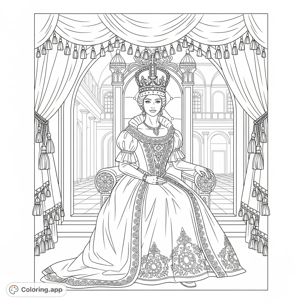 Color a majestic queen on her ornate throne, adorned with a voluminous gown, intricate crown, and surrounded by grand palace drapes and a courtyard view.
