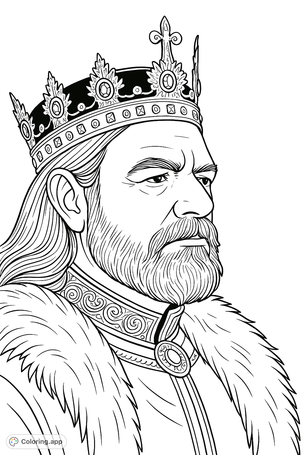 A majestic king in profile, adorned with an ornate crown and a fur-trimmed robe, ready for a royal coloring adventure.