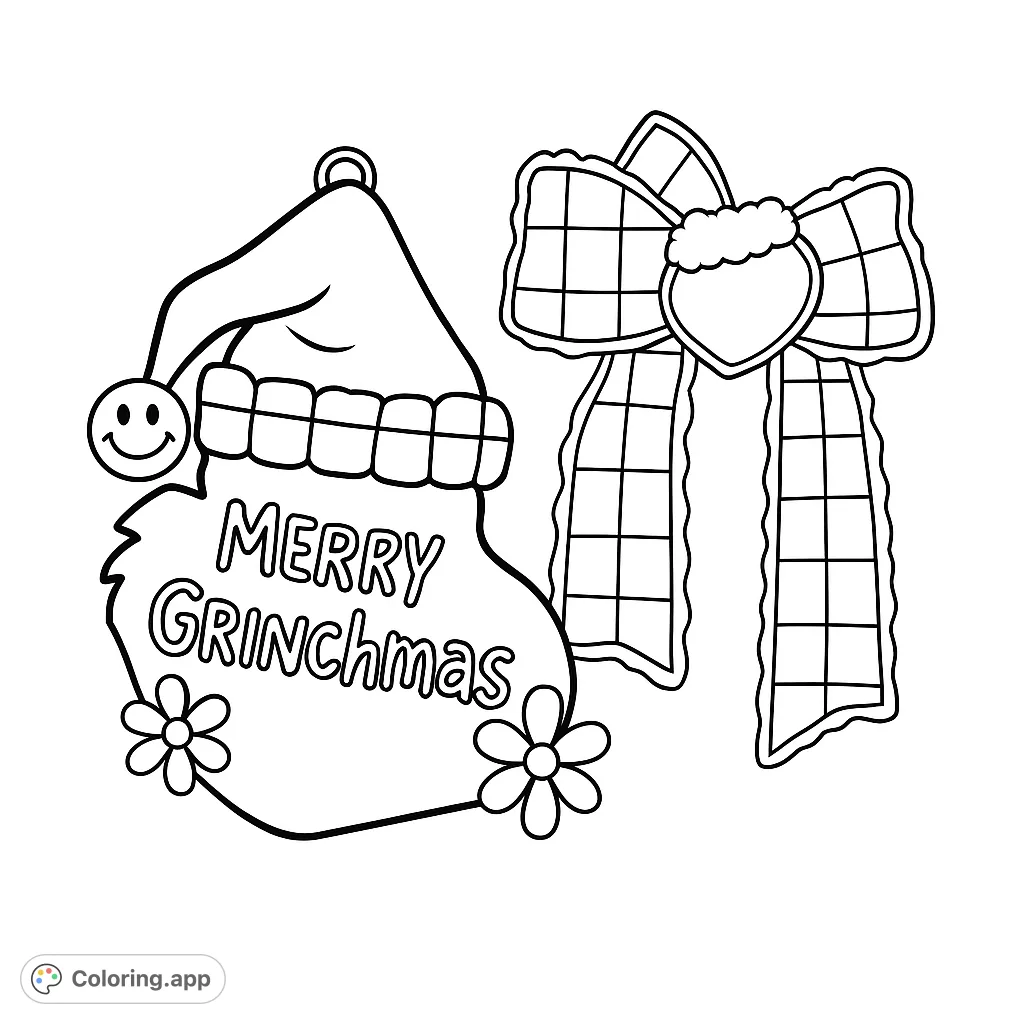 Festive Grinchmas-themed hat and bow ornaments with checkered patterns and fluffy textures, perfect for a unique holiday coloring experience.