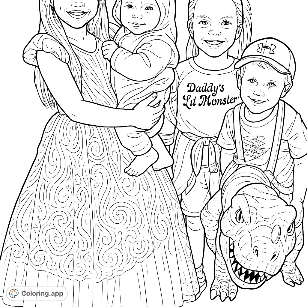 A delightful group of four children in various costumes, including a princess, a baby animal, a character with pigtails, and a dinosaur-carrying adventurer.