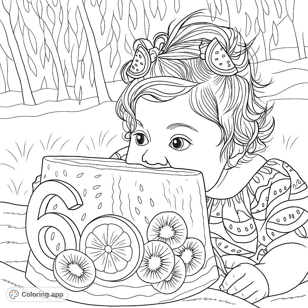 Delightful baby celebrates with a large fruit block, adorned with a carved '6' and fruit slices. Perfect for a joyful, summery coloring experience.