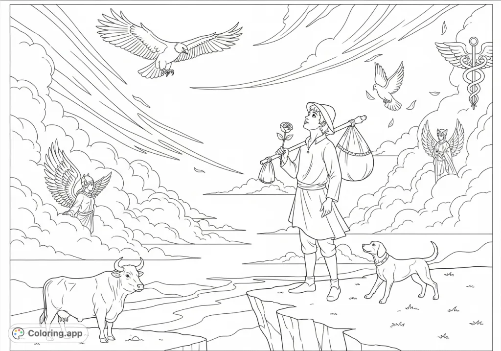 Embark on a symbolic journey with The Fool and Aleph. This intricate coloring page features an ox, dog, and various elemental symbols amidst a dynamic sky.
