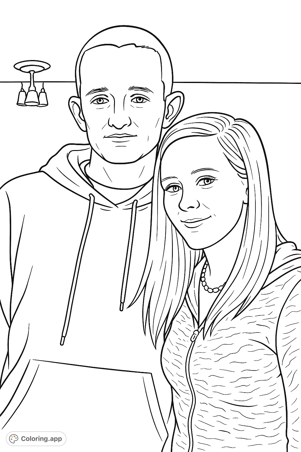 A simple coloring page depicting a man and a woman posing together in an indoor setting. Ideal for easy coloring and personalization.