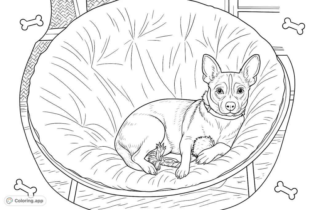 A charming hand-drawn sketch of a playful pup resting in a plush chair, surrounded by decorative dog bones. A perfect, free printable dog coloring page.