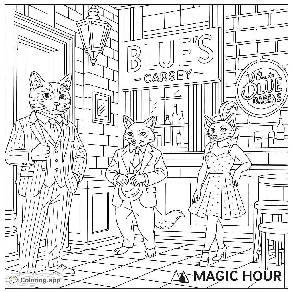 Three stylish cats in a vintage speakeasy setting, ready for a night of jazz and fun. A sophisticated scene for creative coloring.