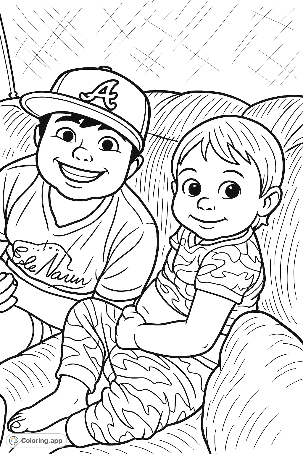 A heartwarming cartoony coloring page featuring two smiling children, an older boy and a younger child, sitting together on a cozy couch, ready for creative expression.