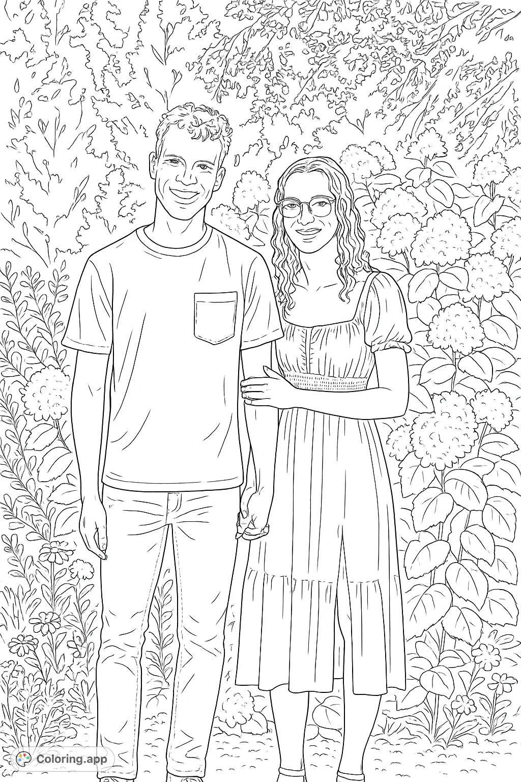 A delightful coloring page featuring a smiling couple holding hands amidst a lush garden with abundant floral clusters. Perfect for nature and romance enthusiasts.