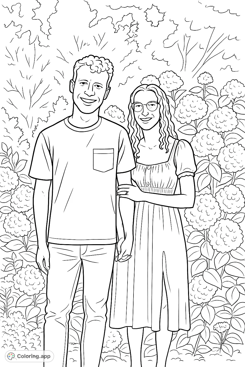 A delightful coloring page featuring a smiling couple holding hands amidst a lush garden with abundant floral blooms, perfect for personal expression.