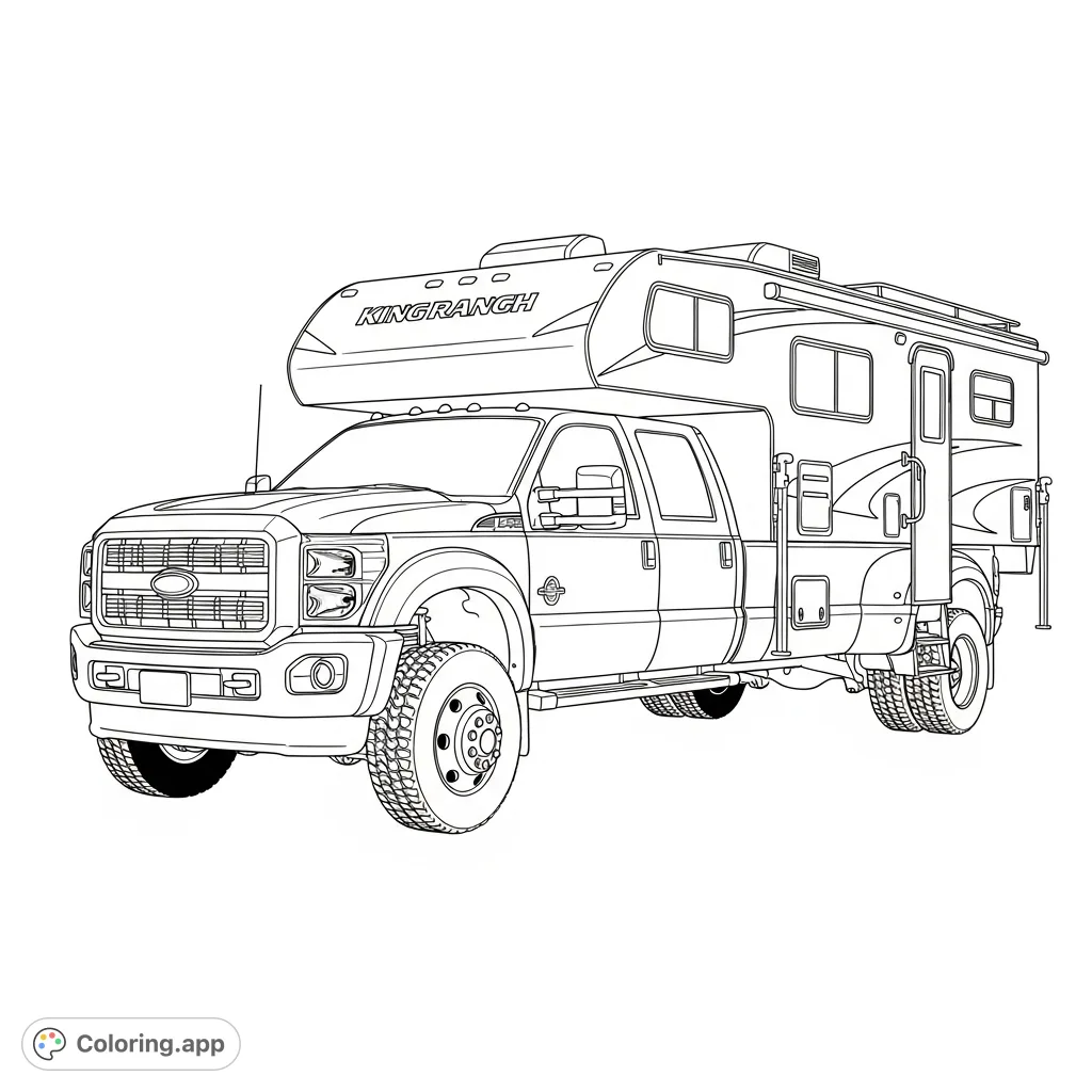 A powerful F450 King Ranch dually truck with a small lift, towing a large camper, ready for adventure. A detailed vehicle coloring page.