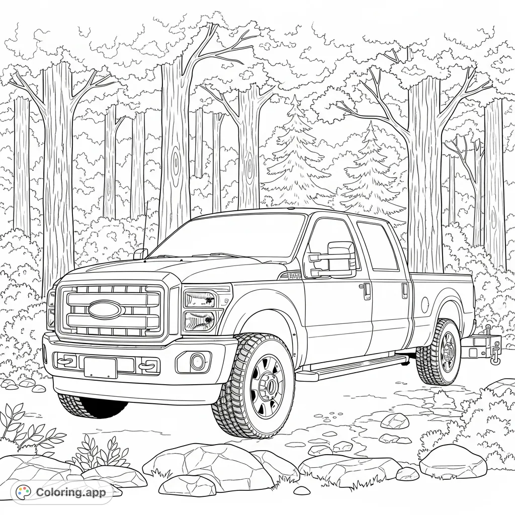 Color a powerful Ford F-350 pickup truck set against a detailed forest backdrop. Perfect for vehicle enthusiasts and nature lovers to explore intricate details.