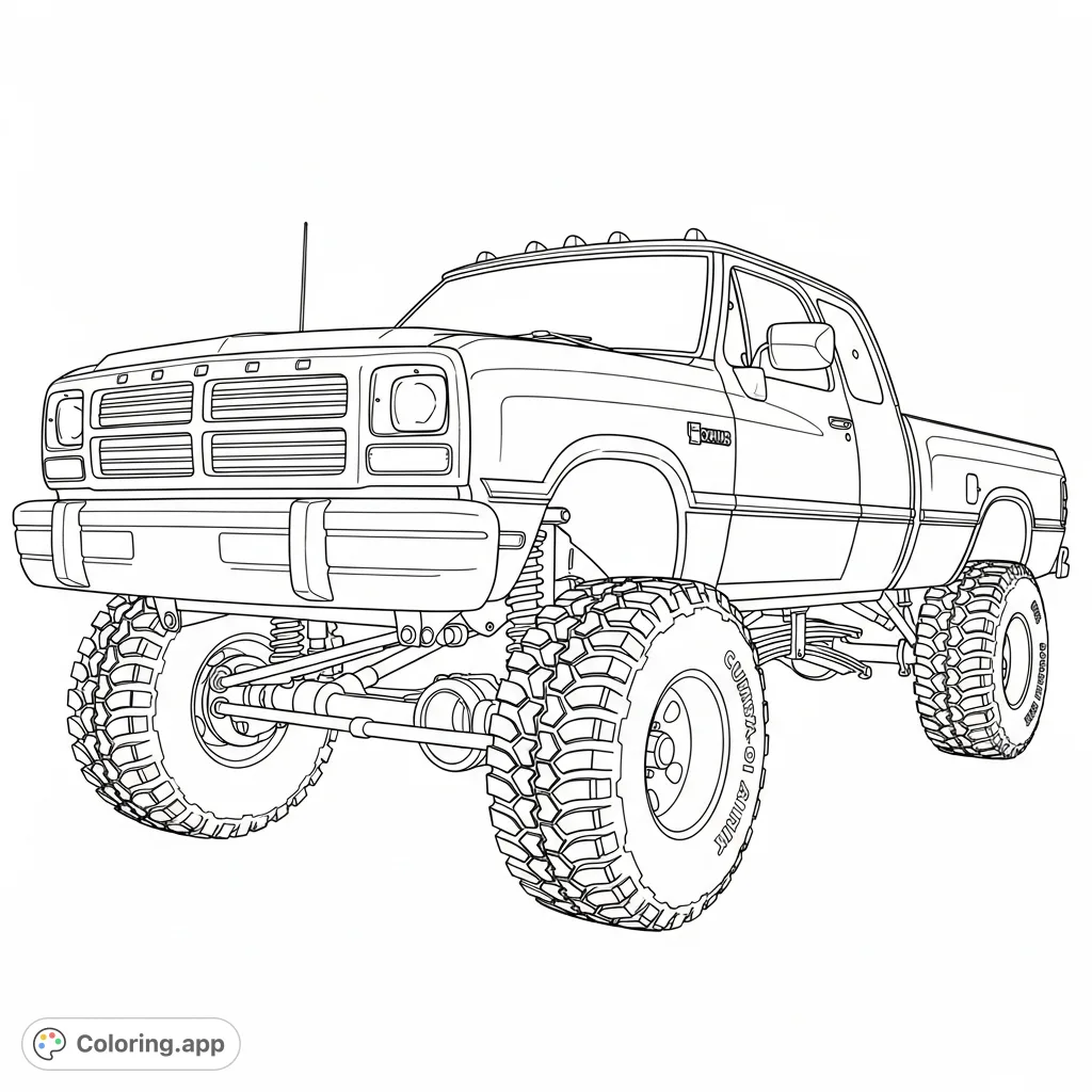 Color a powerful 2nd gen Dodge Cummins truck with a big lift and aggressive mud tires, ready for any adventure. A detailed truck coloring page for enthusiasts.
