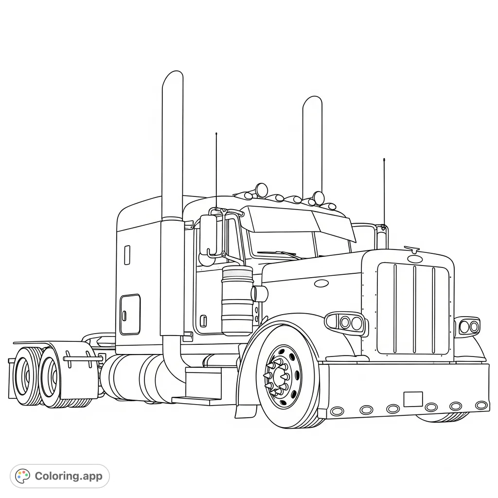 Color a powerful, lowered Peterbilt 379 truck featuring big exhaust stacks, a drop visor, and spiked lug nuts. Perfect for truck enthusiasts!