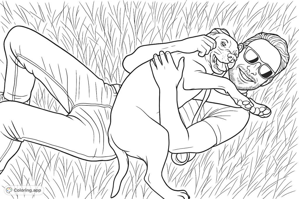 A joyful scene of a person cuddling a playful puppy on a grassy lawn. Perfect for animal lovers and a relaxing coloring experience.
