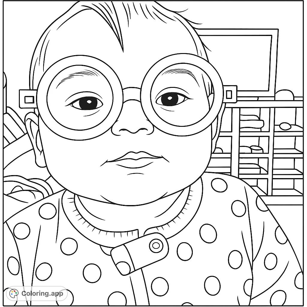 An adorable baby wearing oversized round glasses, with a polka-dotted outfit and a playful expression. A charming and fun coloring page for all ages.
