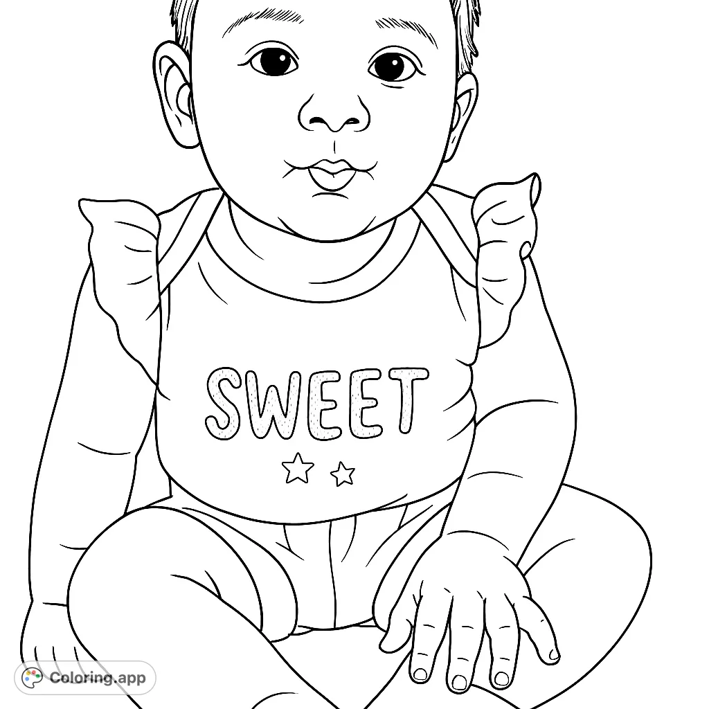 A charming baby coloring page featuring a sweet infant in a ruffled onesie, perfect for young artists and new parents.