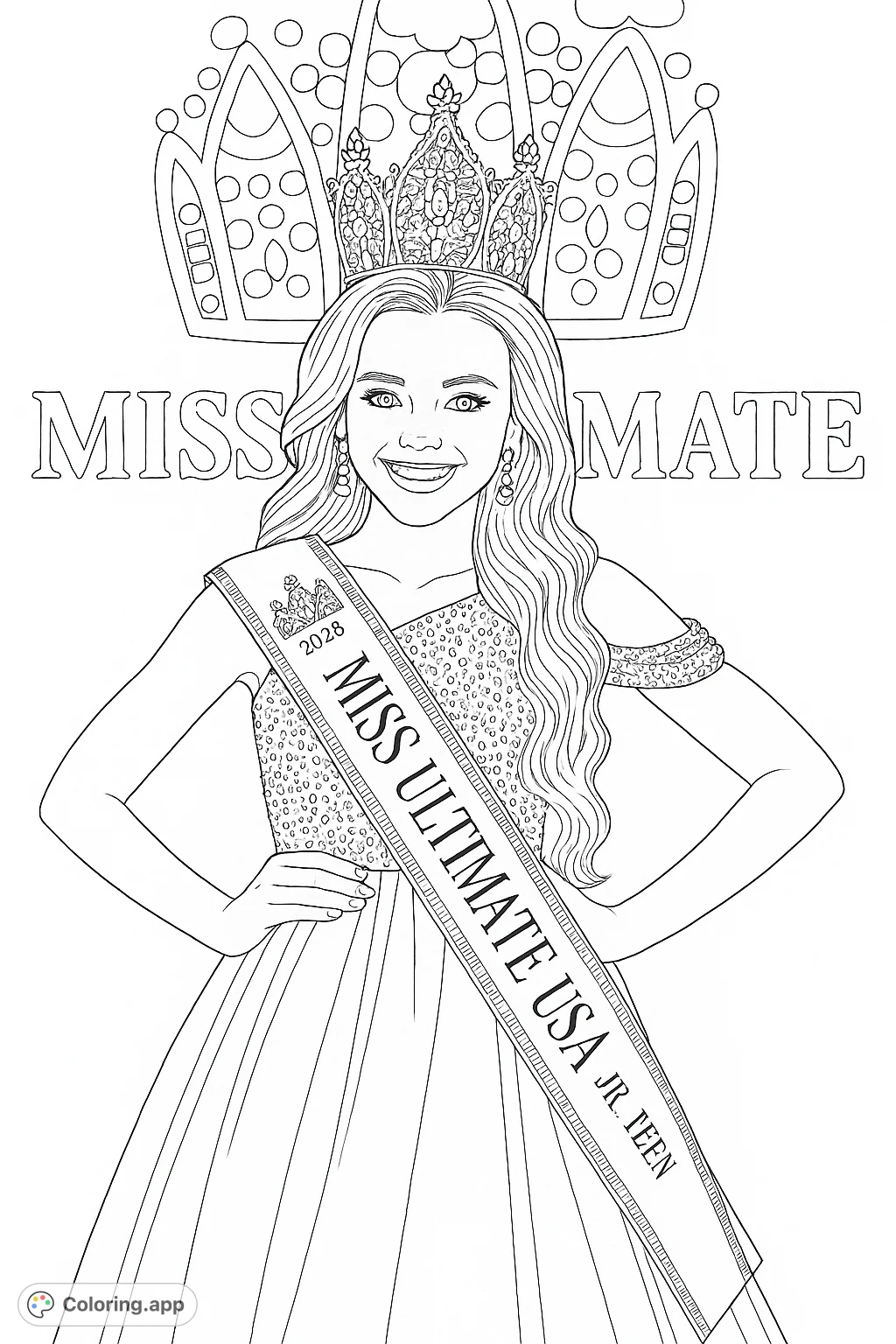 A radiant pageant queen, adorned with a sparkling crown and elegant gown, smiles confidently. Perfect for aspiring royalty and fashion enthusiasts.
