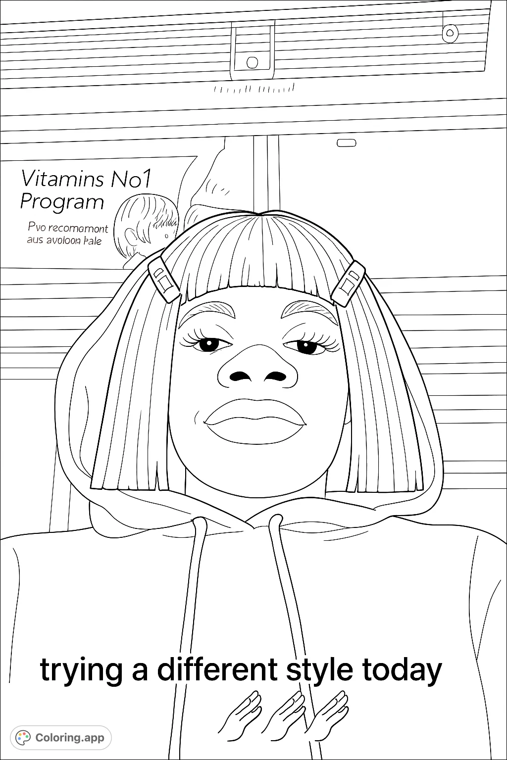 Express your creativity with this trendy portrait coloring page featuring a person in a stylish wig, unique eye makeup, and patterned hair clips.