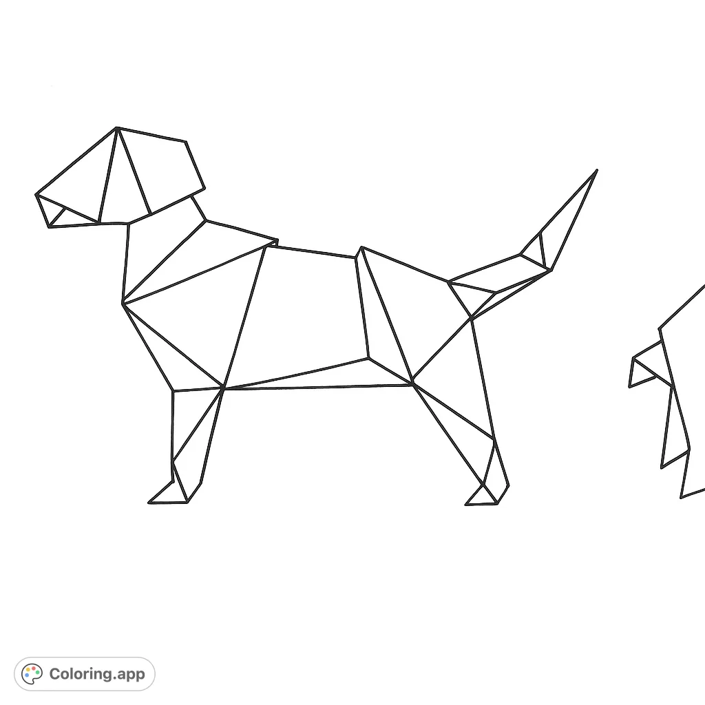 A unique geometric dog coloring page, featuring a stylized canine composed of many angular shapes. Perfect for creative minds.