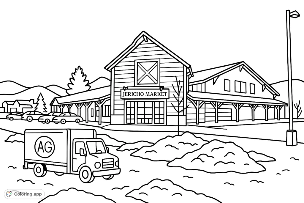 Explore a charming market town scene with a barn-style building, parked cars, and a delivery truck. A delightful free printable market coloring page.