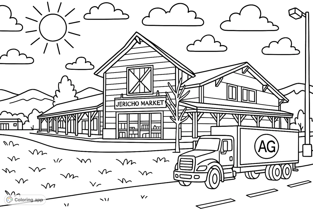 Explore a charming cartoony market scene with a delivery truck under a sunny sky. A free printable market coloring page for all ages.