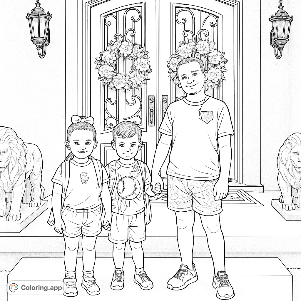 Three cheerful children pose in front of a grand double door adorned with wreaths and lion statues, ready for a new adventure. A delightful back-to-school scene.