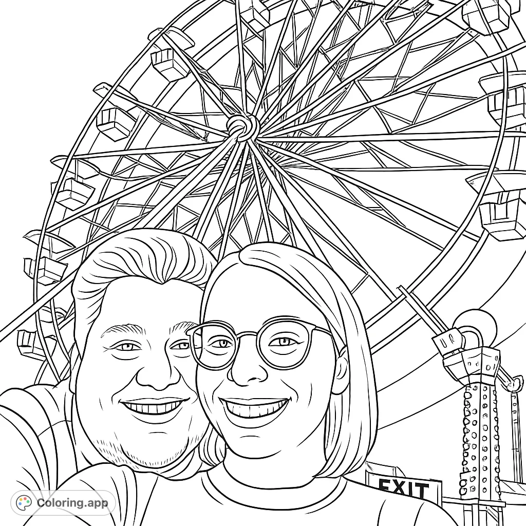 Capture the joy of a fairground visit with this delightful coloring page featuring two smiling individuals against a grand Ferris wheel. Perfect for all ages!