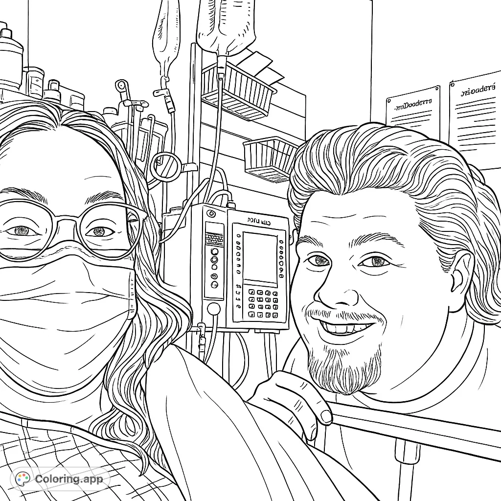 A heartwarming scene of two individuals in a medical setting, one masked, the other smiling, surrounded by hospital equipment. A supportive moment.