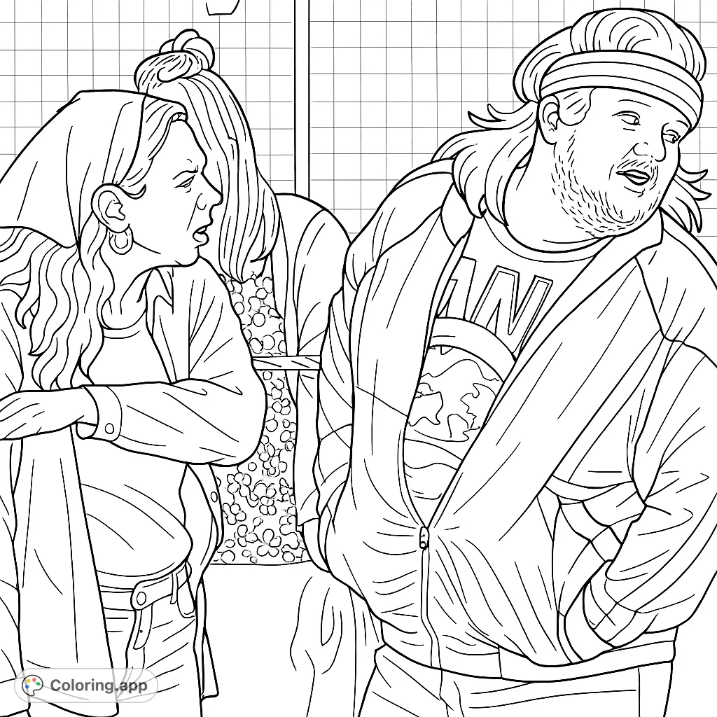 Step back in time with this retro-themed coloring page. Features a character in a windbreaker and headband, alongside another with a headscarf. A fun, nostalgic scene.