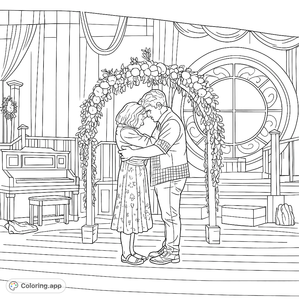 Color a tender moment: two figures embrace under a beautiful floral arch on a stage, with a piano and a detailed stained glass window in the background.