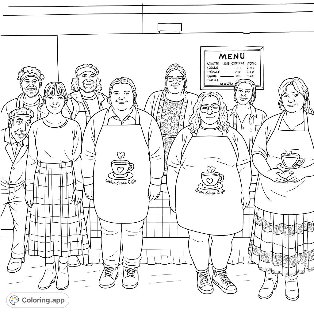 A friendly group of nine individuals stands in front of a coffee shop counter with a menu board, ready to serve. A fun cafe scene to color!