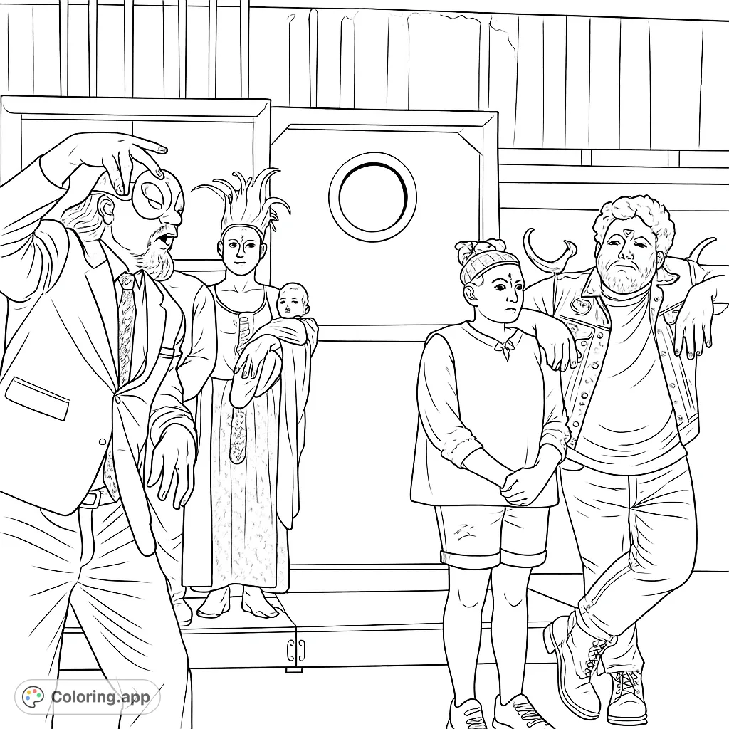 Dive into a whimsical theatrical scene featuring a diverse cast of characters in unique costumes and props. A fun, imaginative coloring adventure!