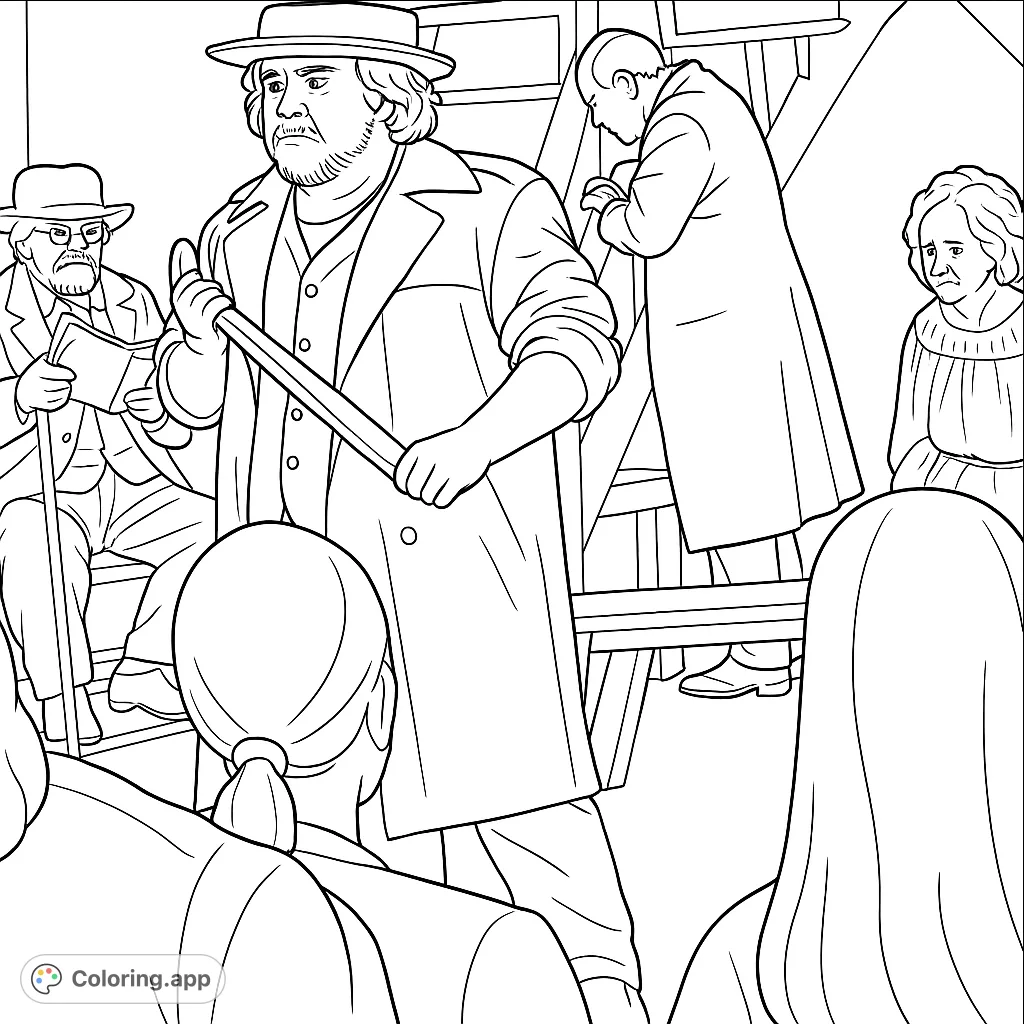 A dramatic stage scene featuring a central figure in a trench coat holding a mysterious object, surrounded by other characters and wooden set pieces.