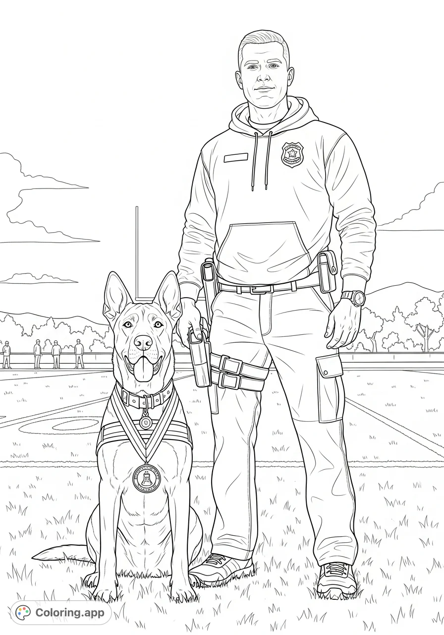 A K9 officer stands proudly with a service dog on a sports field, featuring detailed uniforms, a medal, and a field setting, perfect for coloring.
