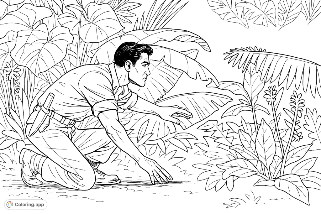 An adventurous explorer crouches in a dense jungle, observing his surroundings. This thrilling jungle exploration coloring page offers a detailed adventure.