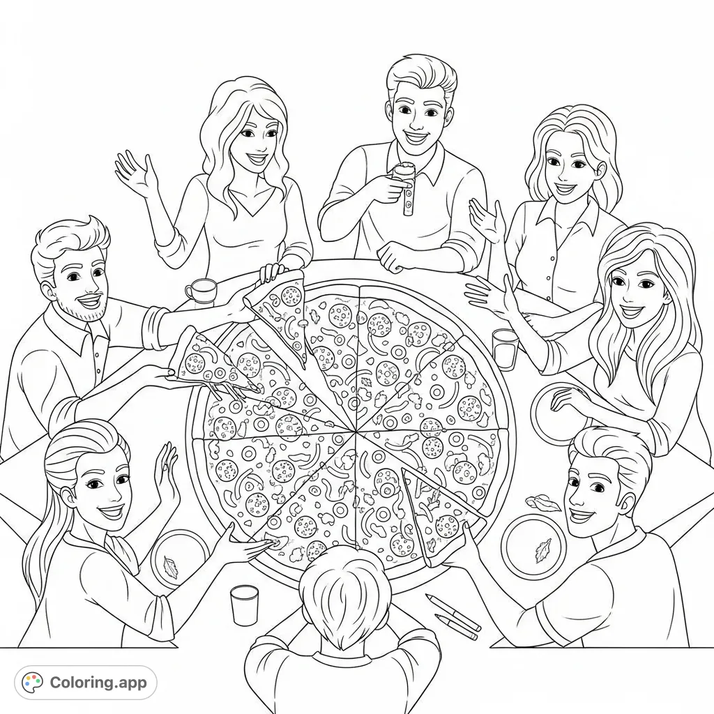 A delightful pizza party scene featuring a whole pizza surrounded by a group of diverse friends with happy, smiling faces, ready to share and enjoy.