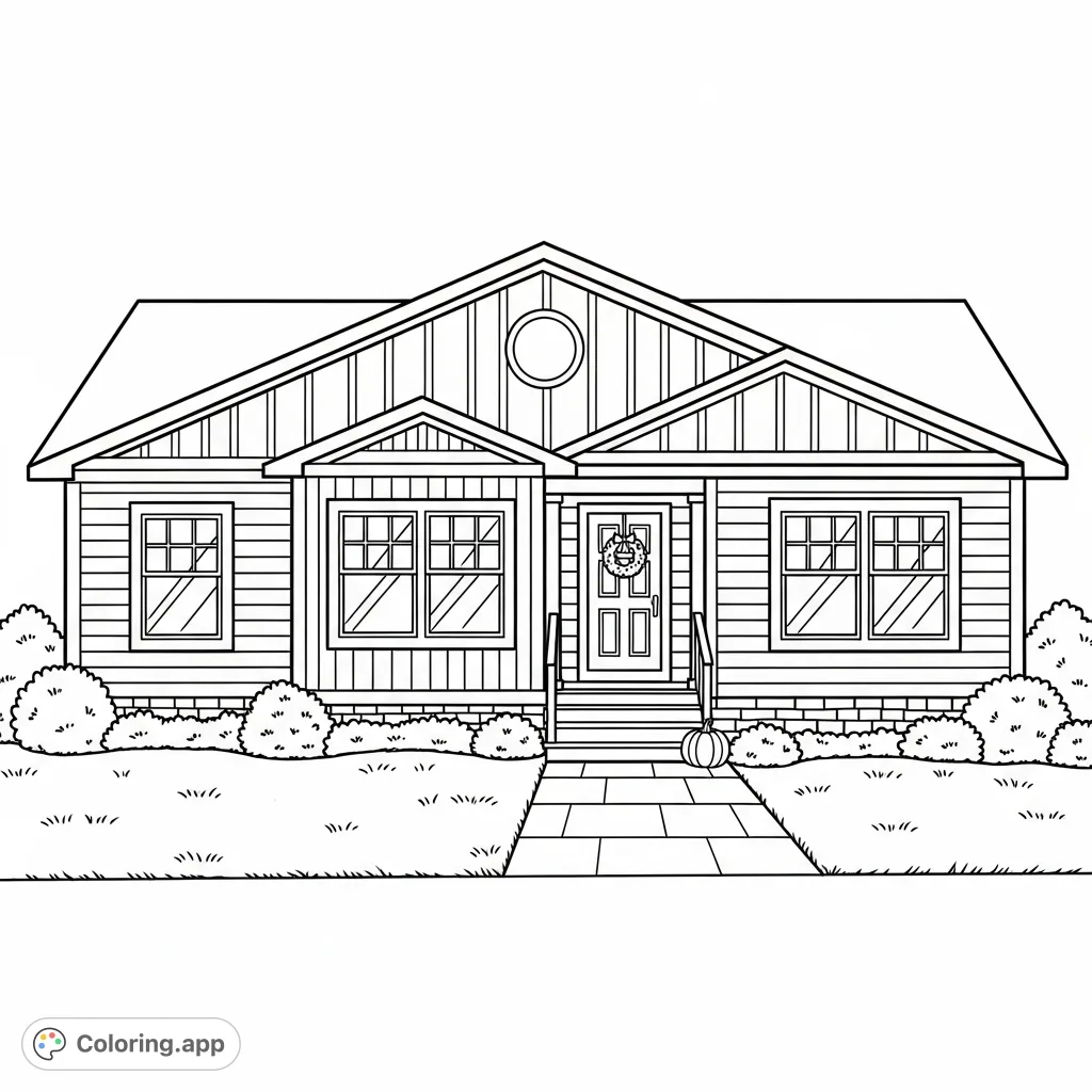 A charming manufactured house with a gabled roof, detailed windows, and a prominent company logo on its facade, set amidst a simple, inviting landscape.