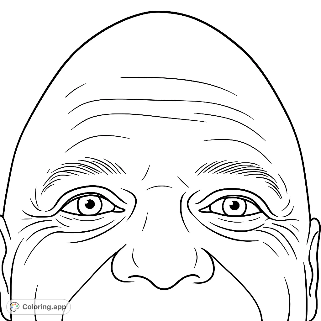 A unique close-up coloring page featuring the upper part of a bald head with expressive eyes looking upwards, offering a canvas for detailed shading and texture.