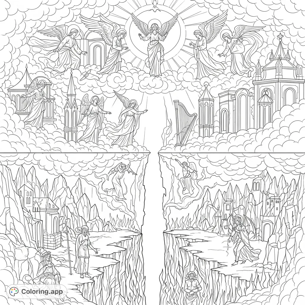 Explore a profound heaven and hell allegory coloring page, depicting a dramatic split scene of celestial serenity and infernal torment. A detailed, free printable coloring page.