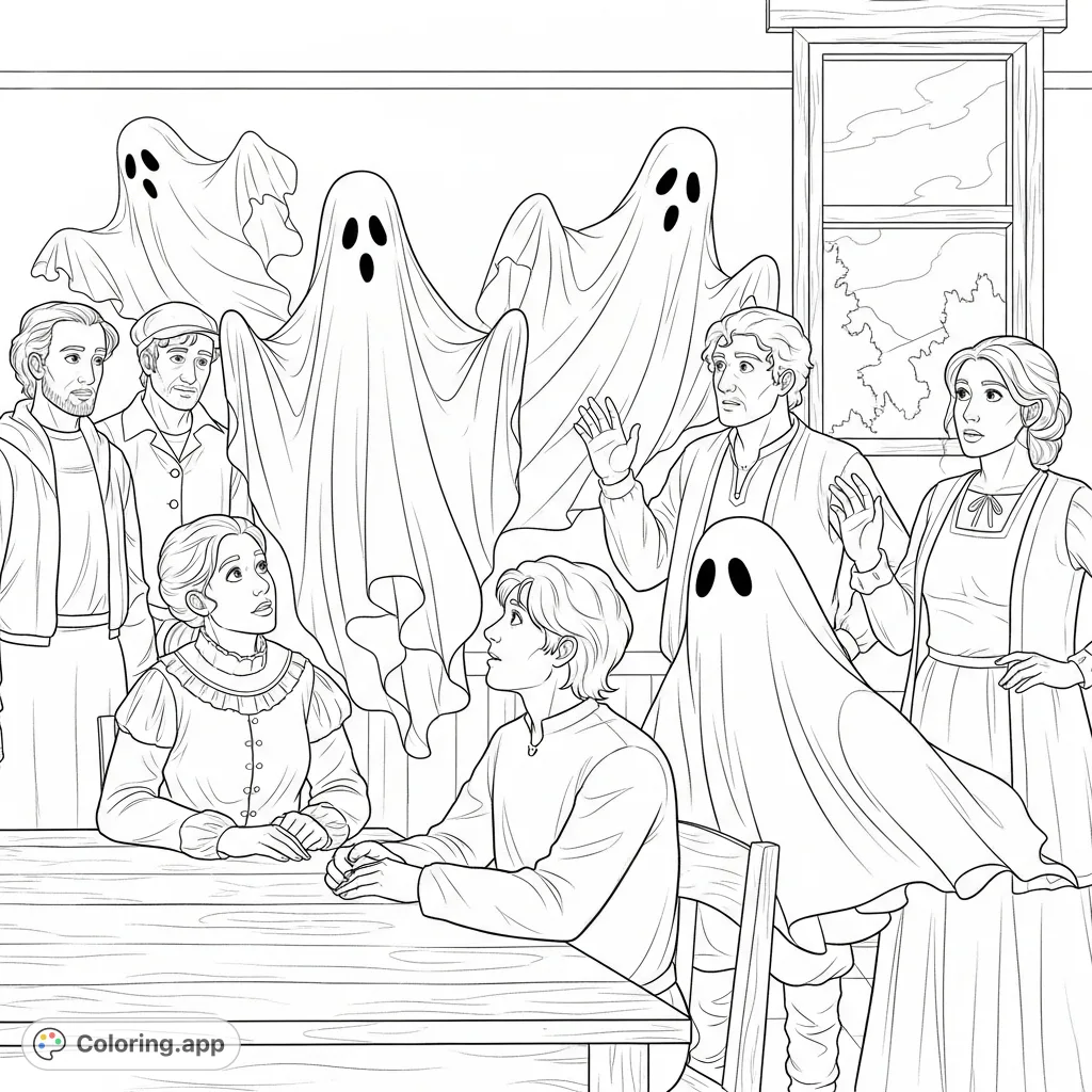 An intriguing scene depicting ethereal ghost figures interacting with solid human characters, offering a unique blend of mystery and reality for colorists.
