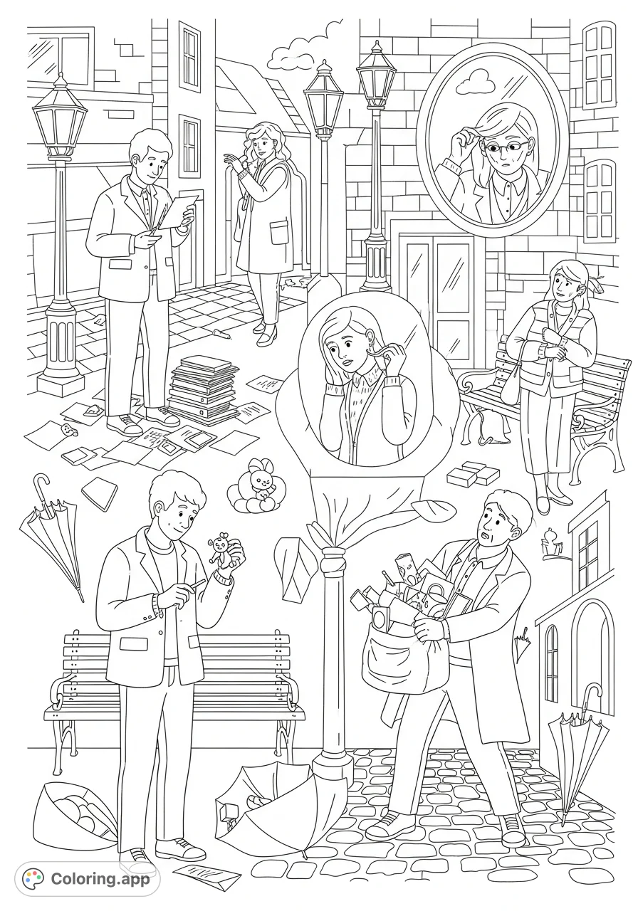 A detailed coloring page depicting various human characters in everyday scenarios, subtly illustrating common quirks and imperfections of life. Perfect for adults.