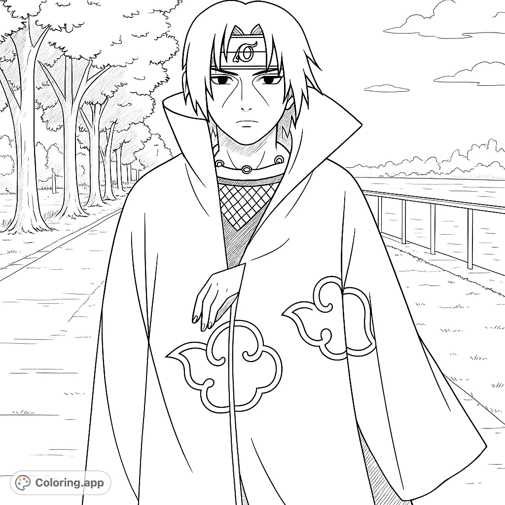 Color a powerful anime character in a distinctive cloak with cloud patterns, set against a serene outdoor background. Perfect for fans of ninja sagas.