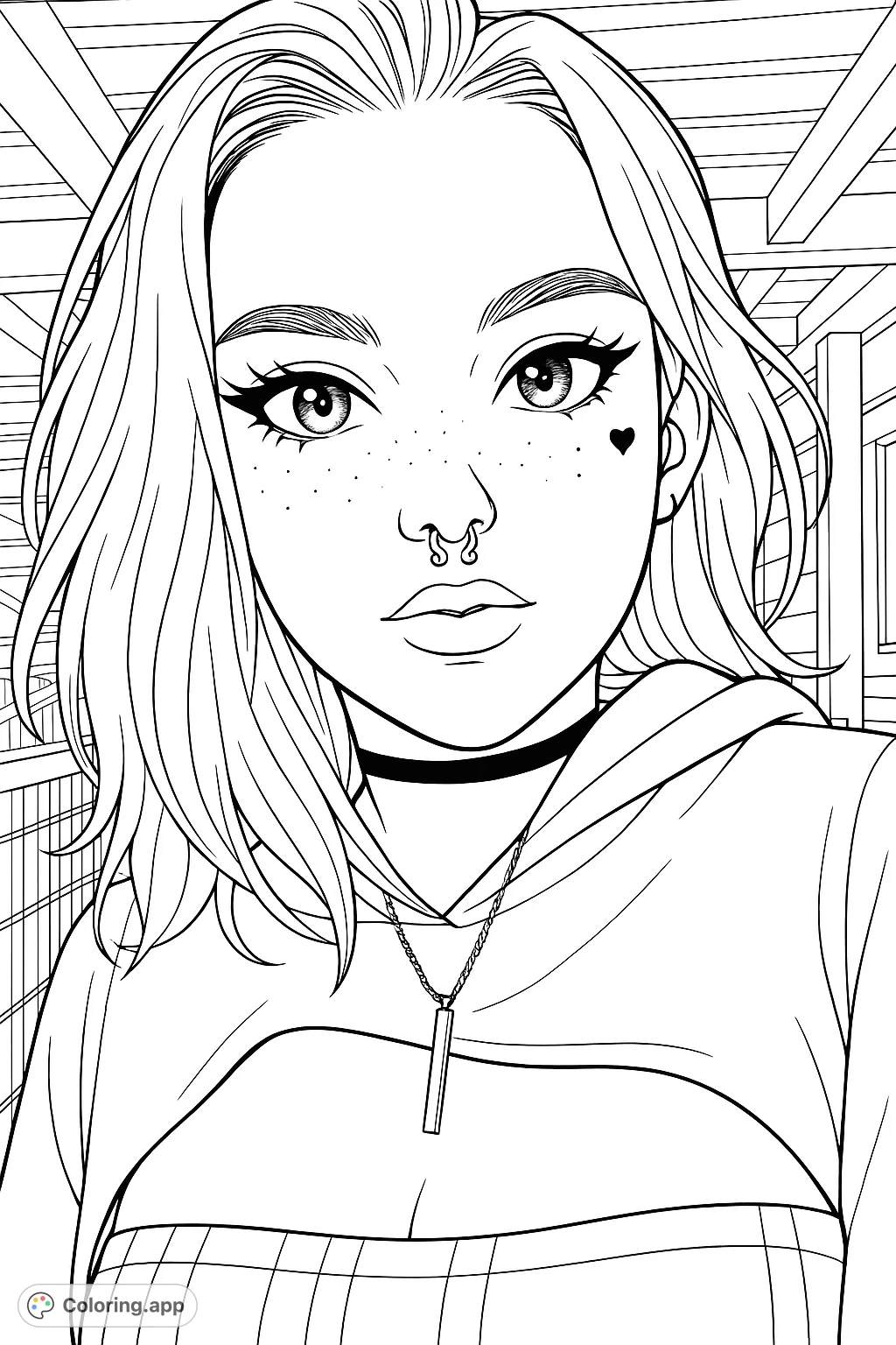 An anime-inspired portrait featuring a character with striking eyes, unique facial details, and trendy accessories, perfect for detailed coloring.