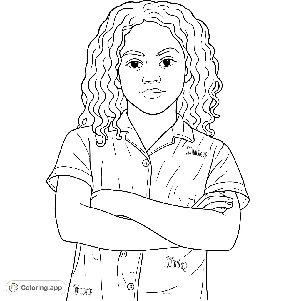 A charming coloring page featuring a young girl with curly hair and a patterned top, set against a backdrop of flowing, abstract shapes. Perfect for creative expression.