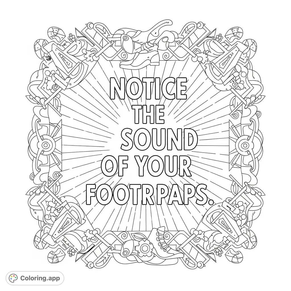 A powerful quote, "Notice the sound of your footsteps," surrounded by bold, abstract designs. This inspirational coloring page encourages mindfulness and motivation.