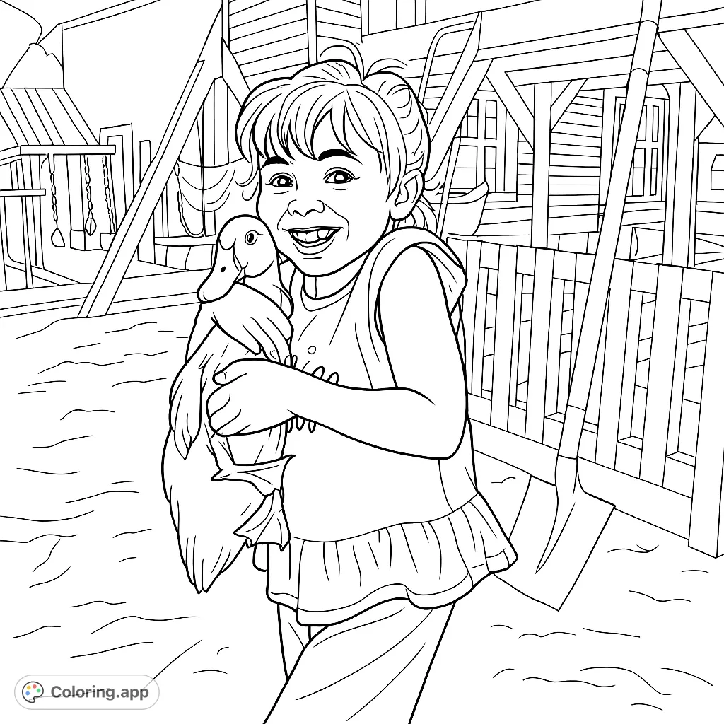 A heartwarming scene of a smiling child embracing a duck in a backyard setting. Perfect for animal lovers and a joyful coloring experience.
